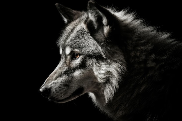 Wolf on black background Black and white portrait of wolf generative AI