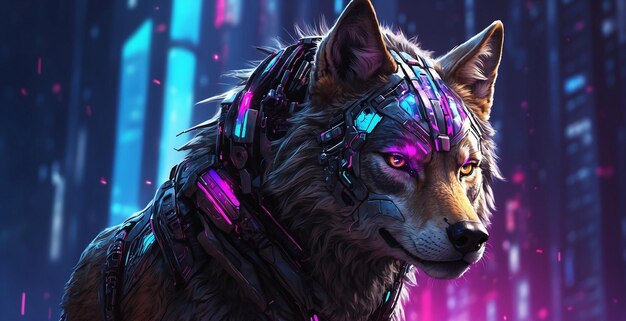 Photo wolf character illustration in cyberpunk style on futuristic background