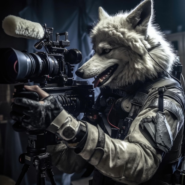 wolf cinema operator camerman backstage Humanized animal photo professional view realistic shot