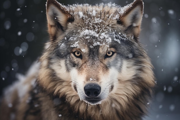 A wolf close up snowing on his faces pretty eyes