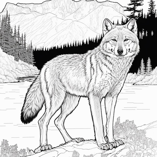 Photo wolf coloring page black and white for coloring book