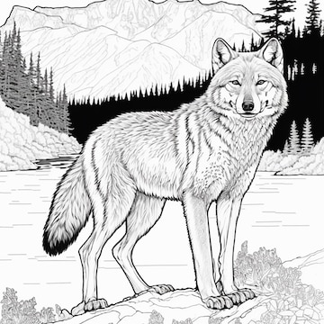 Premium Photo | Wolf coloring page black and white for coloring book