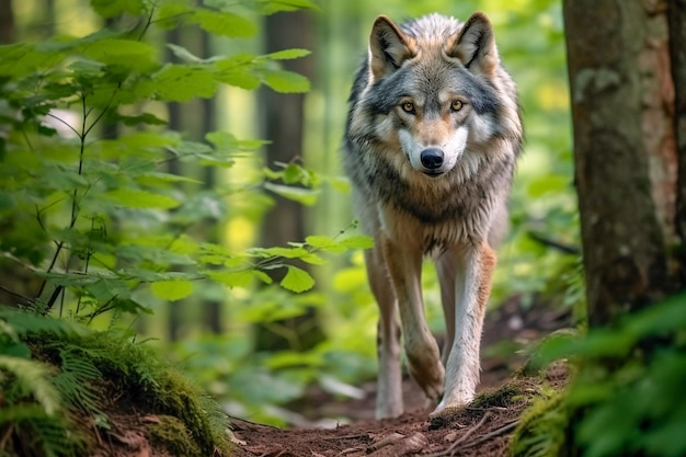 暗い森の中のオオカミ AI が生成した自然生息地の野生動物