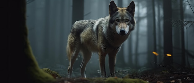 Wolf in a dark and mysterious forest at night Generative AI