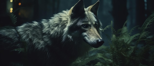 Wolf in a dark and mysterious forest at night Generative AI