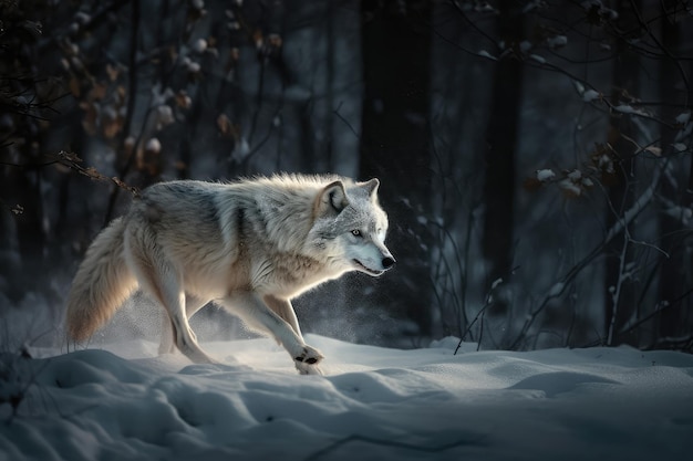 Wolf die door het besneeuwde bos rent, zijn vacht glanst in het maanlicht