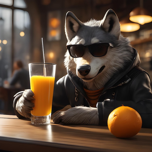 Wolf drinkt een glas jus d'orange in een coffeeshop