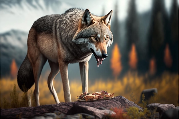 A wolf eating a fish in a forest