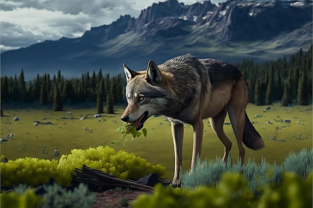 A wolf eating a leaf in a field