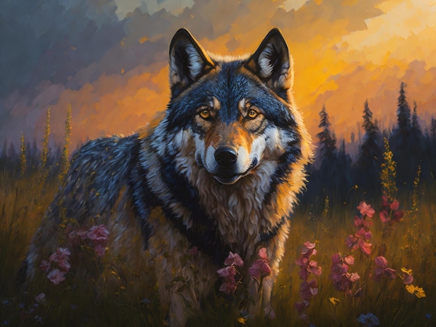 A wolf in a field of flowers