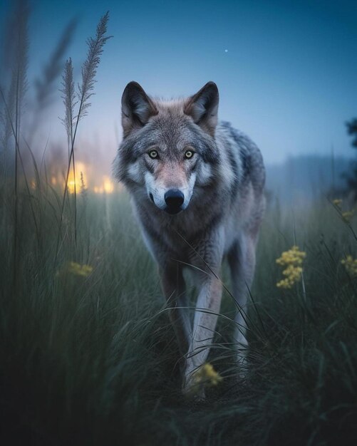 A wolf in a field of grass