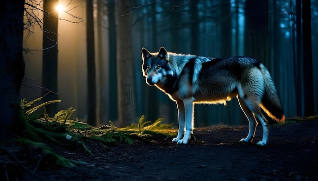 Wolf in forest at dark night