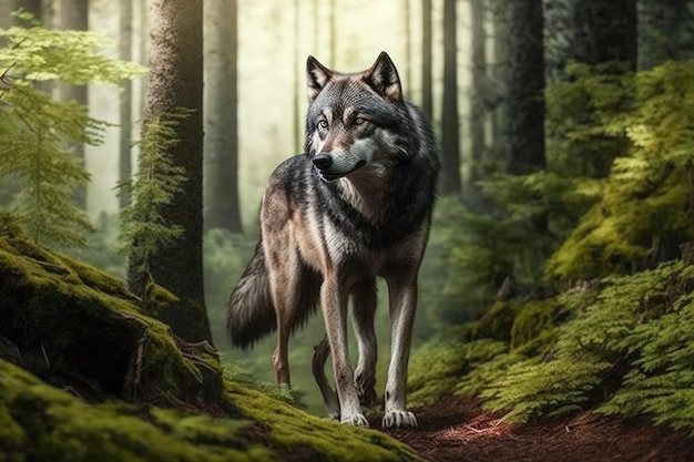 A wolf in the forest in summer
