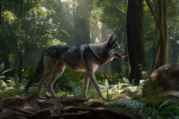 A wolf in the forest in summer