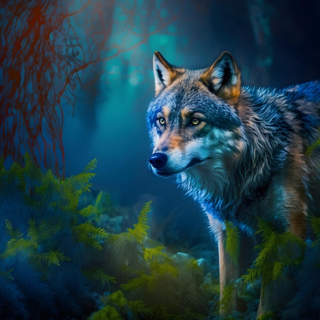 A wolf in a forest with a blue background and green plants.