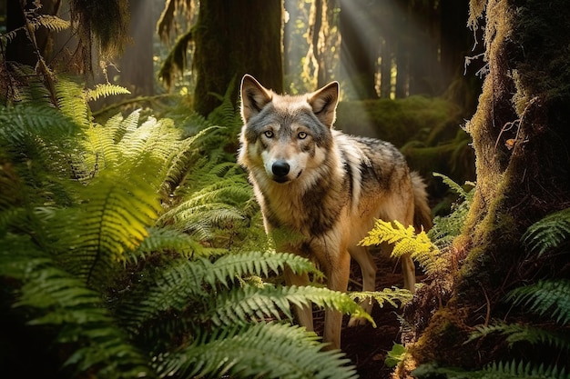 A wolf in the forest with the sun shining through the trees