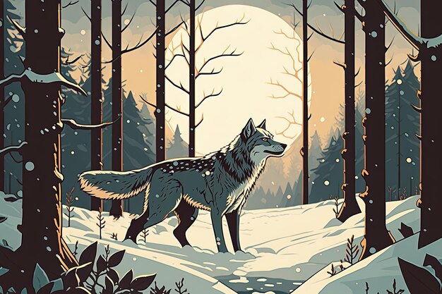 A wolf frolicks in the snow as the sun shines through a woodland