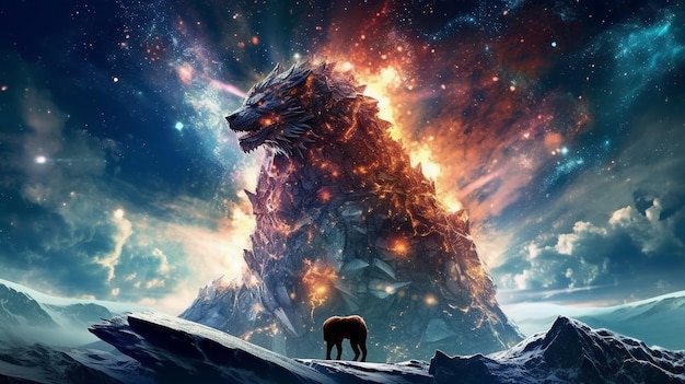 A wolf and a giant wolf are standing in front of a burning mountain.