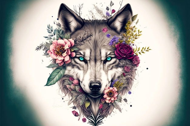 Wolf head tattoo print with flowers around