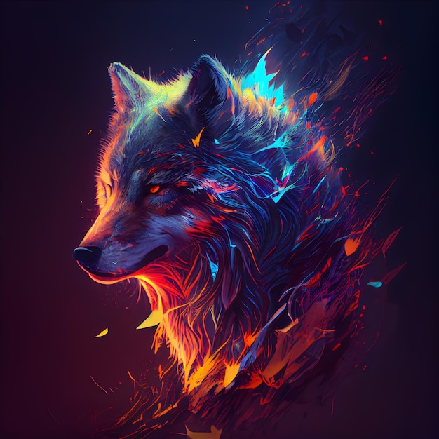 Wolf head with fire flames on a dark background illustration