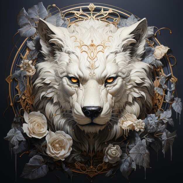 Photo a wolf head with roses and a gold crown