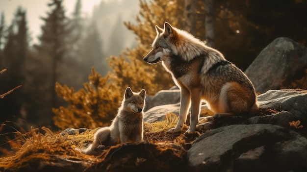 A wolf and her cub sit on a rock in the forest