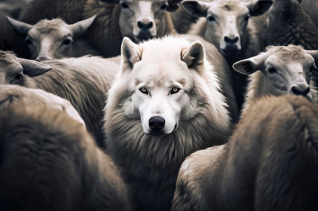 Photo a wolf hiding among a flock of sheep leading