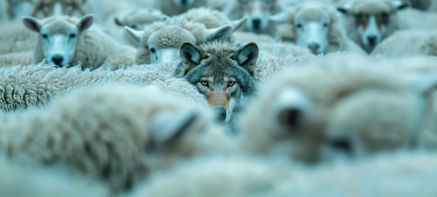A wolf hiding among a flock of sheep leading the way or waiting for the right moment to act