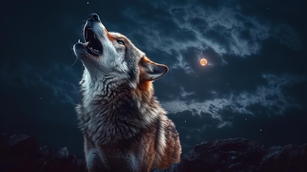 wolf howl on a rock at night in forest background