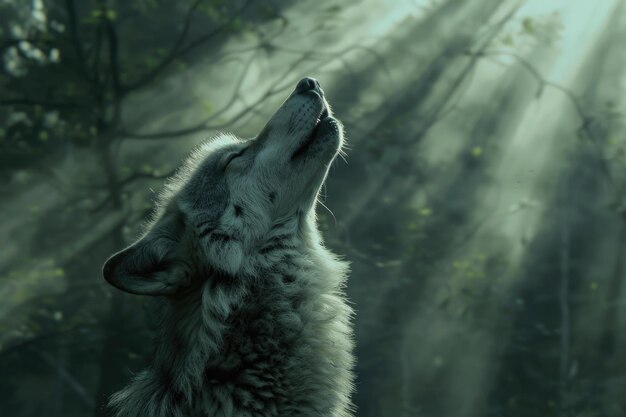 Wolf howling Backlit Grey Wolf howling against a background of dark forest Grey Wolf Grey Wolf