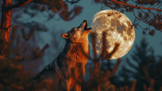 Photo wolf howling by full moon background