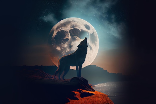 Photo wolf howling during full moon generative ai