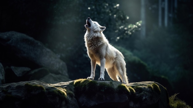 배경에 빛이 있는 숲에서 울부짖는 늑대