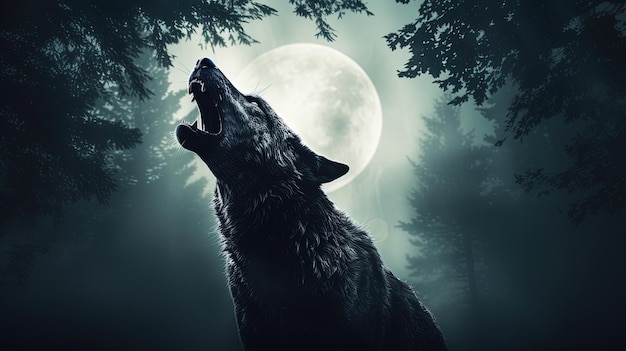 不気味な霧の中で満月に吠えるオオカミ ハロウィーン ホラー テーマ シルエット コンセプト