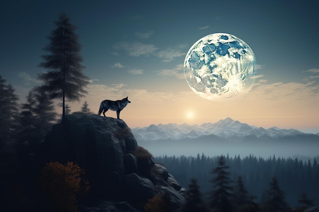 wolf howling at the full moon in the night 3d rendering