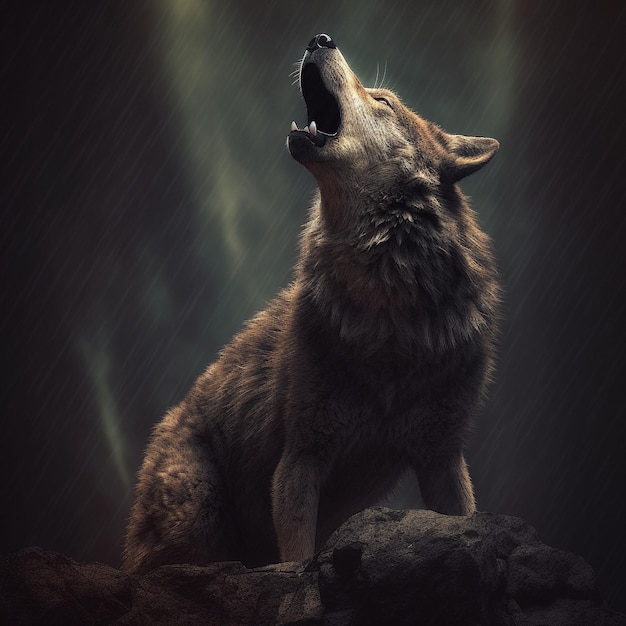 wolf howling on a full moon night at a mountain