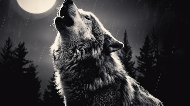 灰色の森の背景に吠えるオオカミ