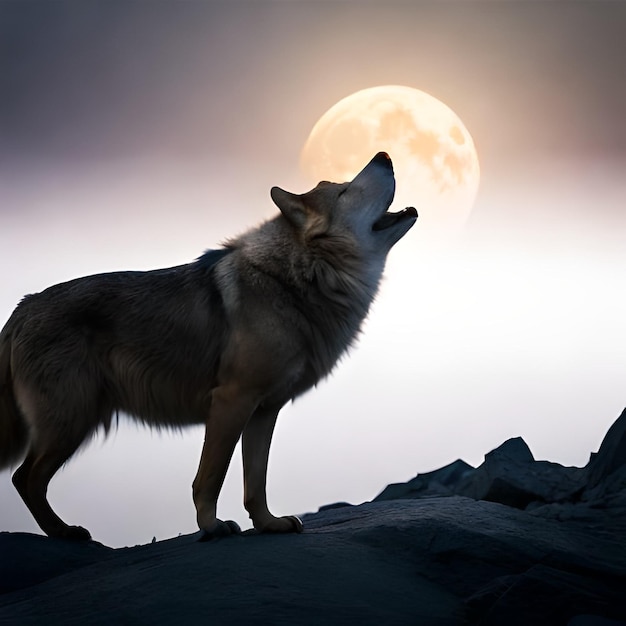 A wolf howling on a hill with the moon in the background.