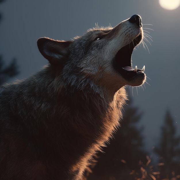 A wolf howling at the moon in the dark