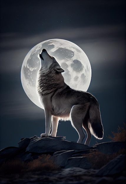 Photo wolf howling to the moon generative ai