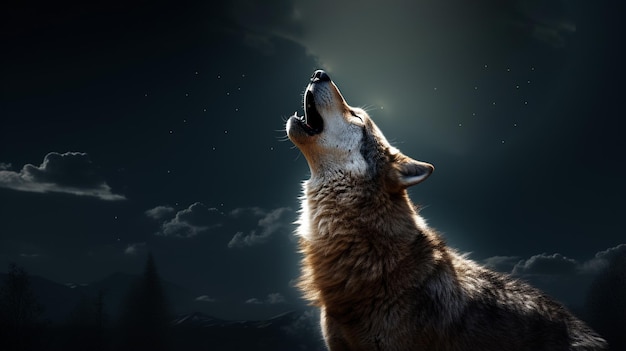 Photo wolf howling at the moon the wolf howling at the moon at night in front of mountains ai generative