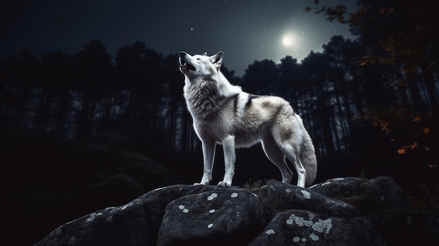 A wolf howling at the moon