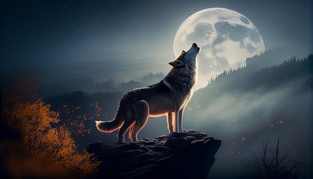 Wolf howling at the moon