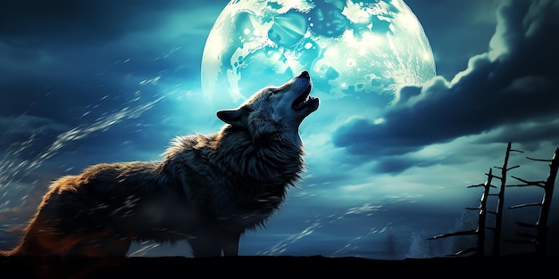 Photo wolf howling under moonlight