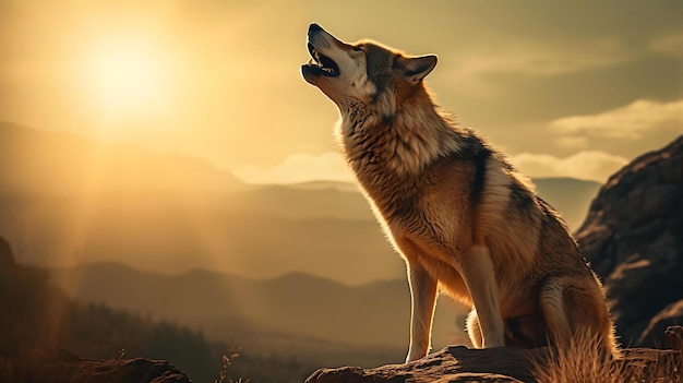 A wolf howling at the sunset