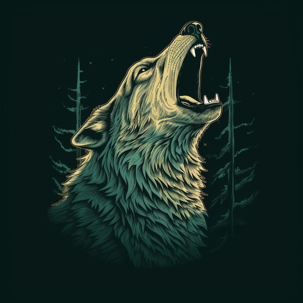 A wolf howling in the woods with a green background.