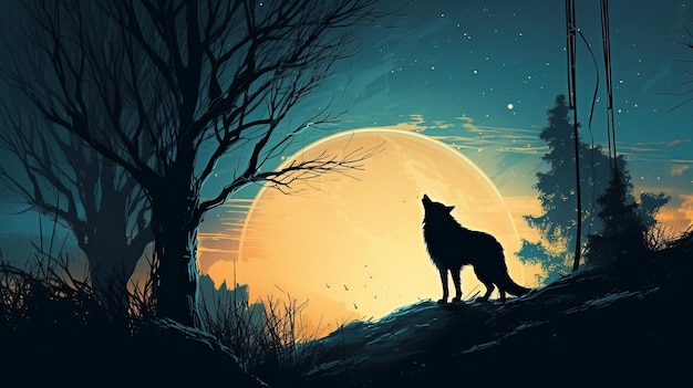 Photo the wolf howls at the full moon at night generative ai
