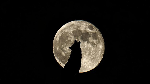 Photo a wolf howls at the full moon the wolf is in silhouette and the moon is bright and detailed