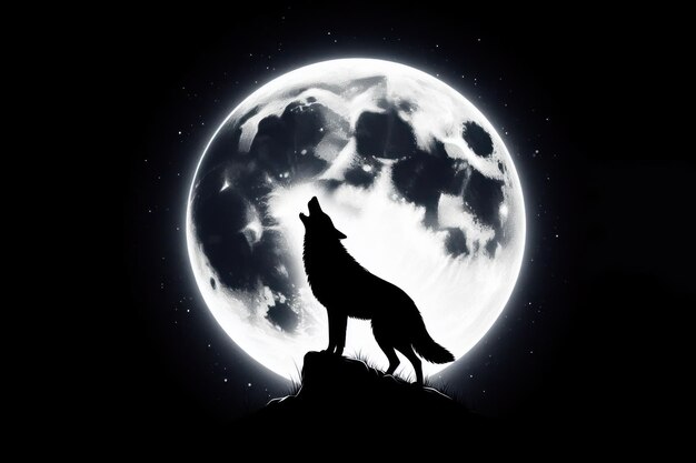 Foto il lupo ulula alla silhouette luminosa della luna isolata su uno sfondo nero