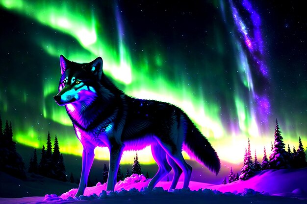 Wolf in veelkleurig noordelijk licht Aurora borealis